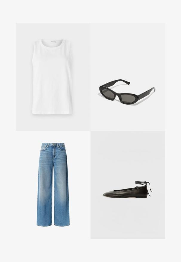 Bílý bezrukávový top vyrobený z měkké bavlny. Obsahuje kulatý výstřih a rovný střih. Jednoduchý design bez viditelných vzorů nebo akcentů.; Modré džínové kalhoty širokého střihu mají světlejší odstín, vysoký pas, přední kapsy a jemný efekt vyblednutí podél nohavic. Ukončeno zapínáním na knoflík.; Černé kožené baletky s špičatou špičkou, vázáním na kotníku a plochou podrážkou, s hladkým povrchem a minimalistickým designem.; Černé sluneční brýle s oválnými čočkami, elegantními plastovými obrubami a zakřivenými sp temples. Čočky jsou tmavě šedé a nabízejí moderní geometrický design.