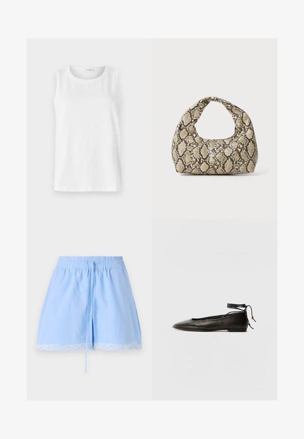Haut sans manches blanc en coton doux. Présente un col rond et une coupe droite. Design uni sans motifs ni accents visibles.; Shorts en coton bleu clair avec une taille smockée, un cordon de serrage et une finition en dentelle blanche au bas. Texture douce et coupe décontractée.; Ballerines noires en cuir avec un bout pointu, une attache à la cheville et une semelle plate, caractérisées par une texture lisse et un design minimaliste.; Sac à main en motif serpent avec une poignée incurvée. Fabriqué à partir de matériaux texturés beiges et bruns, présentant un motif en diamant distinctif.