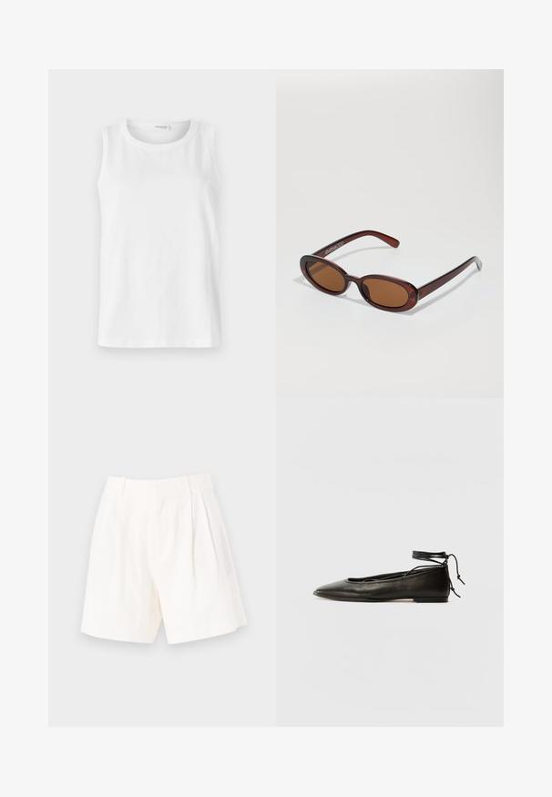 Hvid udenærmet top lavet af blød bomuld. Har en rund halsudskæring og lige snit. Enkelt design uden synlige mønstre eller detaljer.; Hvide linnedshorts med en skræddersyet pasform, der har lægdetaljer, en glat tekstur og en ren, lige kant.; Sorte læder ballerinaer med spids tå, ankelbinding og flad sål, der har en glat tekstur og minimalistisk design.; Runde, bruntonede solbriller med en glansfuld bordeauxramme. Slanke arme med diskret brandingdetalje. Flad linsedesign.