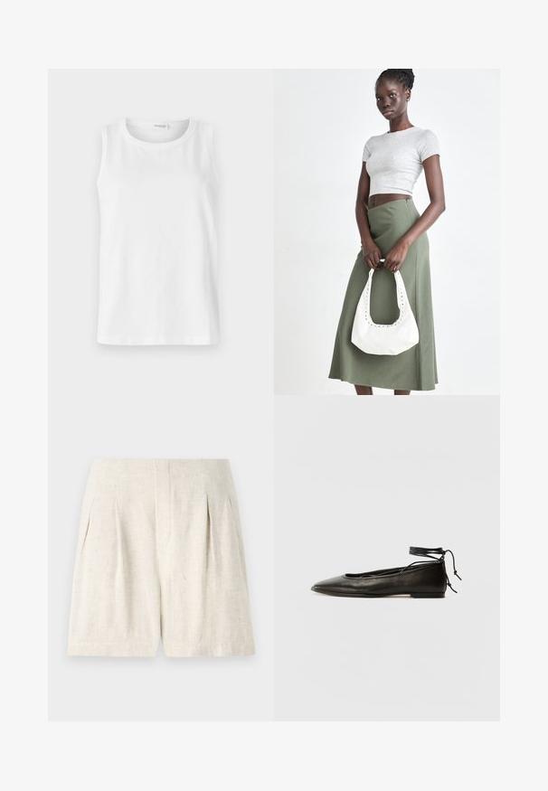 Haut sans manches blanc en coton doux. Présente un col rond et une coupe droite. Design uni sans motifs ni accents visibles.; Shorts en lin beige clair avec un design ajusté, présentant des plis et une coupe droite et épurée. Texture lisse, sans matériel ou accents visibles.; Ballerines noires en cuir avec un bout pointu, une attache à la cheville et une semelle plate, caractérisées par une texture lisse et un design minimaliste.; Top court rayé gris et jupe taille haute verte olive. Le mannequin tient un sac à bandoulière blanc avec des découpes. Design simple, silhouette ajustée.