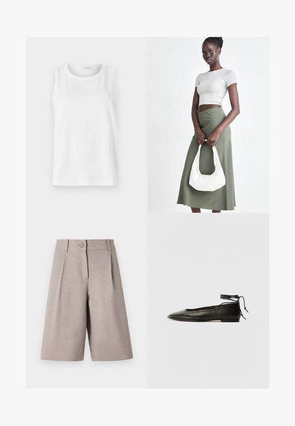 Biely bezrukávový top vyrobený z jemnej bavlny. Má okrúhly výstrih a priame strih. Jednoduchý dizajn bez viditeľných vzorov alebo akcentov.; Bežové šortky s pukmi, s gombíkovým zapínaním a hladkou textúrou, navrhnuté pre štruktúrovaný, moderný siluetu.; Čierne kožené baletky s špicatou špičkou, viazaním okolo členka a plochou podrážkou, s hladkou textúrou a minimalistickým dizajnom.; Sivý pruhovaný crop top a olivovo zelená sukňa s vysokým pásom. Model drží bielu ramennú tašku s vyrezávanými detailmi. Jednoduchý dizajn, priliehavý strih.
