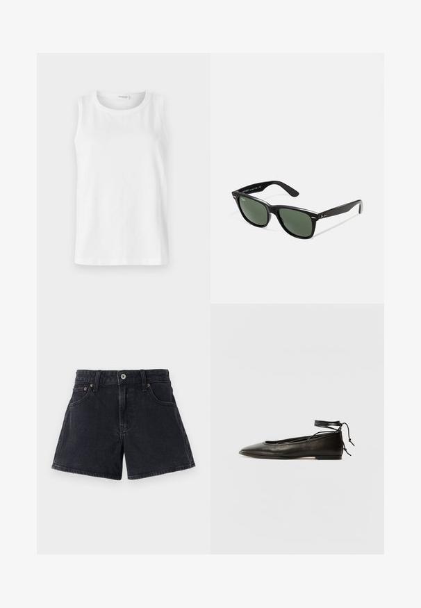 Valge ilma varrukateta topp, mis on valmistatud pehmest puuvillast. Omab ümmargust kaelust ja sirget lõiget. Ühevärviline disain, ilma nähtavate mustrite või aktsentideta.; Mustadest denimist lühikesed püksid klassikalise lõikega, viie taskuga, metallist nööpidega sulguvad ning tonaalse õmblusega. Kangas on kergelt tekstureeritud viimistlusega.; Must mustast balletijalatsid, millel on terav nina, pahkluu seotud ja lame tall, sujuva tekstuuri ning minimalistlik disain.; Mustad mustan plastiku prillid roheliste läätsedega, ruudukujulised raamid, hõbedane aksent kulmude peal ja tekstuuriga tempelkäed. Brändi nimi on märgitud sisevarrele.