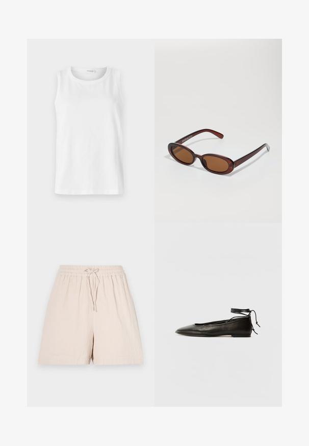 Valkoinen hihaton paita, joka on valmistettu pehmeästä puuvillasta. Ominaisuuksiin kuuluu pyöreä kaula-aukko ja suora leikkaus. Yksinkertainen malli ilman näkyviä kuvioita tai koristeita.; Beige shortsit joustovyöhyke ja nyörillä. Valmistettu kevyestä kankaasta, jossa on teksturoitu pinta ja rento istuvuus.; Musta nahka ballet-flatit, joissa on terävä kärki, nilkkaremmiliitos ja litteä pohja, varustettuna sileällä pinnalla ja minimalistisella muotoilulla.; Pyöreät, ruskehtavat aurinkolasit, joissa on kiiltävä burgundinpunainen runko. Kapeat sivut, joissa on hienovarainen brändäys. Litteät linssit.
