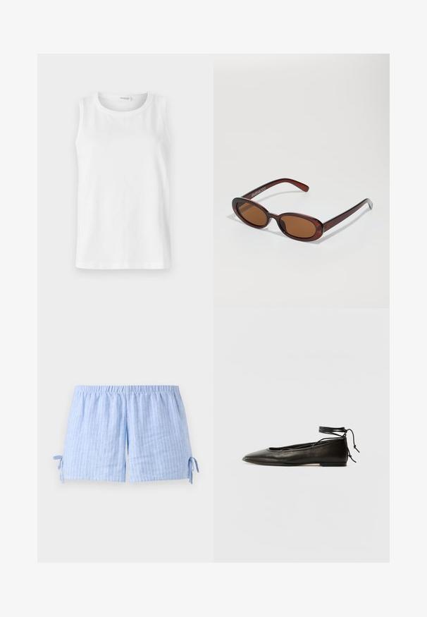 Balta be rankovių palaidinė pagaminta iš minkštos medvilnės. Turi apvalų iškirpimą ir tiesų kirpimą. Paprastas dizainas, be matomų raštų ar akcentų.; Mėlynos petnešėlėmis šortai su baltomis vertikaliomis juostelėmis, elastinga juosmens juosta ir šoninėmis raištelėmis. Lengvas audinys su laisvu kirpimu.; Juodi odiniai balerinų bateliai su smailiu pirštu, kulkšnies raiščiu ir plokščiu padu, pasižymintys lygiu paviršiumi ir minimalizmo dizainu.; APvalūs, rudos spalvos saulės akiniai su blizgia burgundinės spalvos rėmeliu. Plonos šakutės su subtiliu ženklinimu. Lygus objektyvo dizainas.