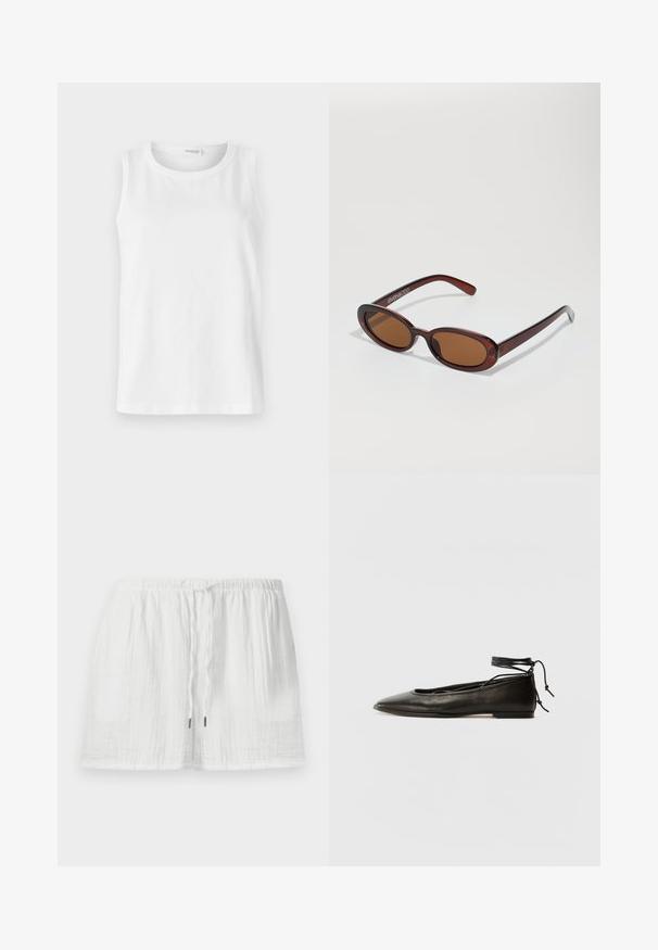 White sleeveless top made of soft cotton. Features a round neckline and straight cut. Plain design with no visible patterns or accents.; Lightweight white cotton shorts with an elastic waistband and adjustable drawstring, featuring a textured fabric and a relaxed fit.; Black leather ballet flats with a pointed toe, ankle tie, and flat sole, featuring a smooth texture and minimalistic design.; Round, brown-tinted sunglasses with a glossy burgundy frame. Slim arms with subtle branding detail. Flat lens design.