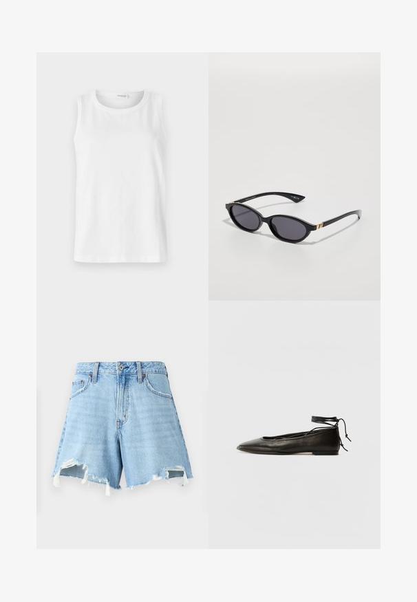 Biely bezrukávový top vyrobený z jemnej bavlny. Má okrúhly výstrih a priame strih. Jednoduchý dizajn bez viditeľných vzorov alebo akcentov.; Svetlomodré denim šortky s vysokým pásom, rozstrapkaným lemom a dvoma prednými vreckami. Ošúchaná textúra s vyblednutím a surovými okrajmi.; Čierne kožené baletky s špicatou špičkou, viazaním okolo členka a plochou podrážkou, s hladkou textúrou a minimalistickým dizajnom.; Čierne slnečné okuliare s oválnymi šošovkami, tmavým prechodovým zafarbením a štíhlymi ramenami s jemnými zlatými akcentmi. Hladký plastový povrch.