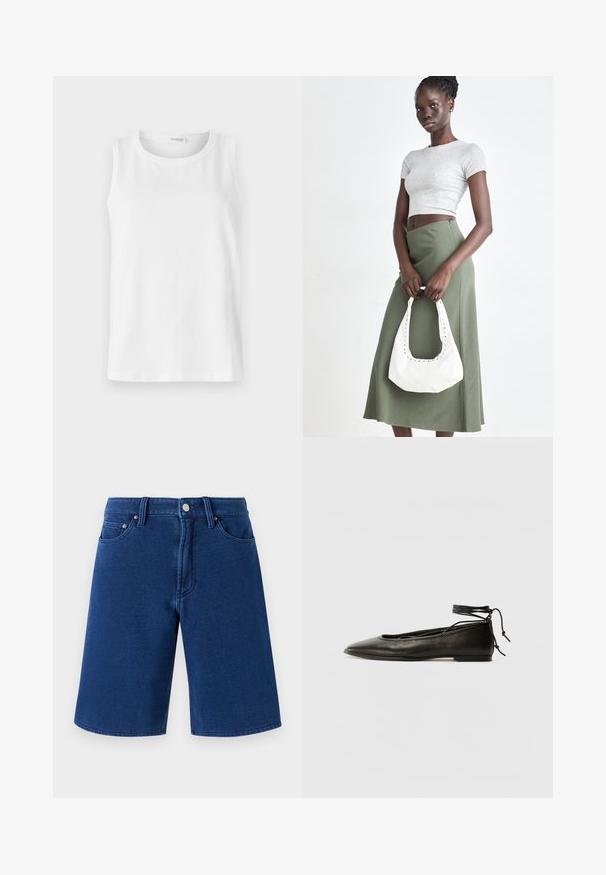 Balta be rankovių palaidinė pagaminta iš minkštos medvilnės. Turi apvalų iškirpimą ir tiesų kirpimą. Paprastas dizainas, be matomų raštų ar akcentų.; Mėlyni džinsiniai šortai su tiesiu pjūviu, penkių kišenių dizainu ir matomu juosmeniu, kuriame yra metalinė saga ir diržo kilpos.; Juodi odiniai balerinų bateliai su smailiu pirštu, kulkšnies raiščiu ir plokščiu padu, pasižymintys lygiu paviršiumi ir minimalizmo dizainu.; Pilka juostuota trumpa palaidinė ir alyvuogių žalios spalvos aukšto liemens sijonas. Modelis laiko baltą petį krepšį su išpjovomis. Paprastas dizainas, prigludusi siluetas.