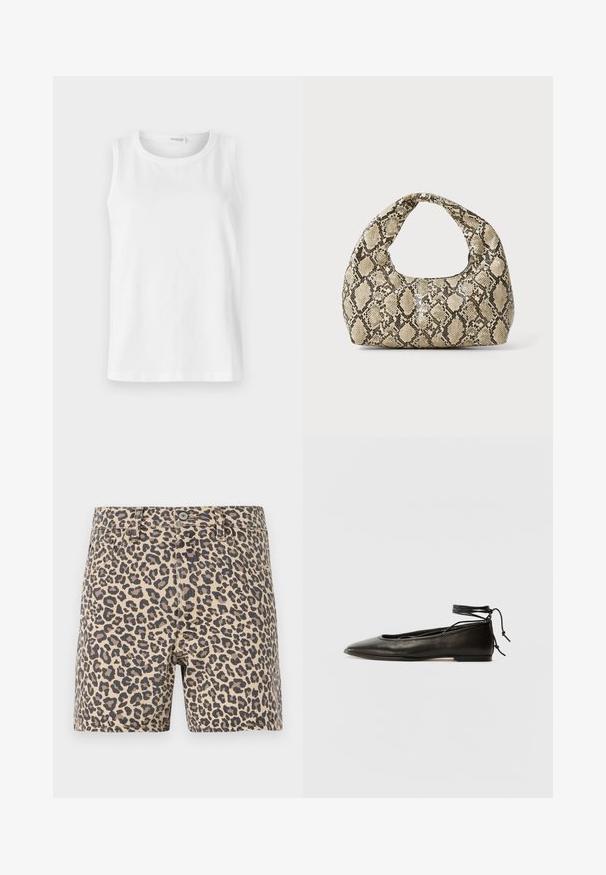 White sleeveless top made of soft cotton. Features a round neckline and straight cut. Plain design with no visible patterns or accents.; Leopard print denim shorts in beige and black. Classic five-pocket design with a button closure and belt loops. Smooth texture.; Black leather ballet flats with a pointed toe, ankle tie, and flat sole, featuring a smooth texture and minimalistic design.; Snake-print handbag with a curved handle. Made from textured, beige and brown materials, featuring a distinctive diamond pattern.