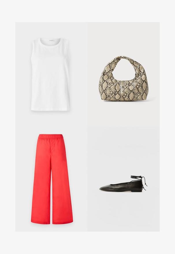 Bílý bezrukávový top vyrobený z měkké bavlny. Obsahuje kulatý výstřih a rovný střih. Jednoduchý design bez viditelných vzorů nebo akcentů.; Červené kalhoty širokého střihu s elastickým pasem, které mají hladký povrch a lehký materiál. Bez kapes a viditelných zapínání.; Černé kožené baletky s špičatou špičkou, vázáním na kotníku a plochou podrážkou, s hladkým povrchem a minimalistickým designem.; Kabelka s hadím vzorem a zakřiveným držadlem. Vyrobena z texturovaných béžových a hnědých materiálů, s charakteristickým diamantovým vzorem.