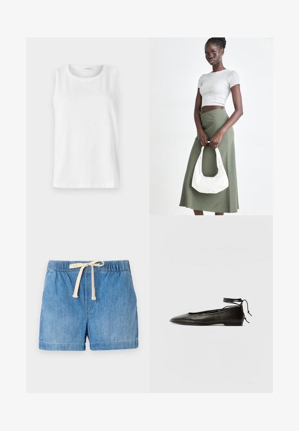 Hvit ermeless topp laget av myk bomull. Har rund halsringning og rett snitt. Enkelt design uten synlige mønstre eller detaljer.; Jeanshorts i lys blå med elastisk liv, justerbar beige snor og glatt tekstur, med oppbrettede kanter.; Svarte lær balletflater med spiss tå, ankelbånd og flat såle, som har en glatt tekstur og minimalistisk design.; Grå ribbet topp og olivengrønn høy midje skjørt. Modellen holder en hvit skulderveske med utskjæringsdetaljer. Enkelt design, tettsittende silhuett.