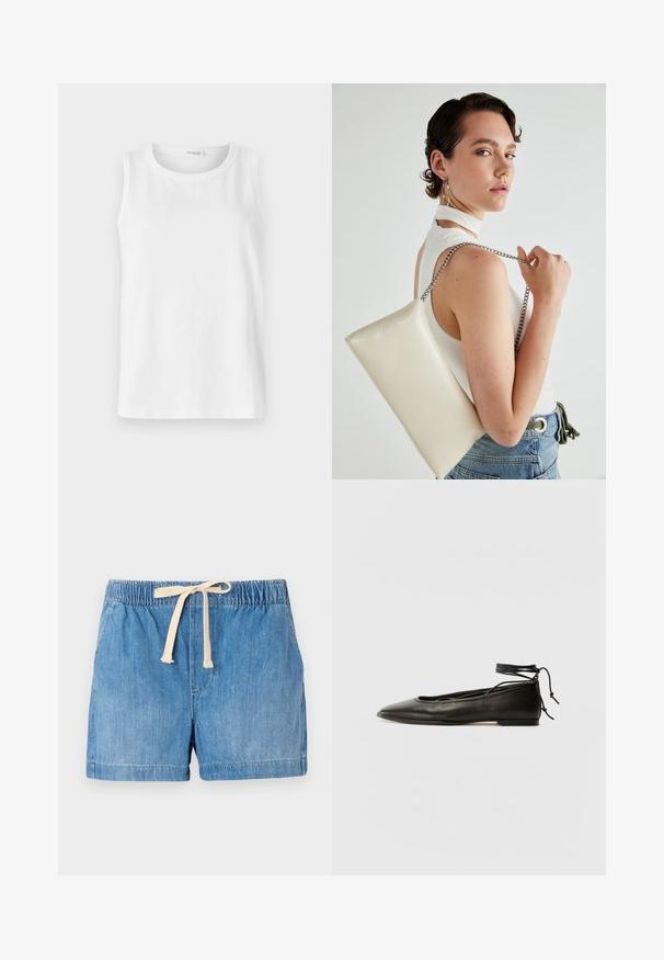 Top alb fără mâneci, realizat din bumbac moale. Are un decolteu rotund și o tăietură dreaptă. Design simplu, fără modele sau accente vizibile.; Shorts din denim de culoare albastru deschis, cu un tiv elastic, șnur reglabil de culoare bej și textură netedă, având tivuri răsucite.; Balerini din piele neagră, cu vârf ascuțit, șnur pentru glezna și talpă plată, având o textură netedă și un design minimalist.; Geantă de clutch rectangulară albă, realizată dintr-un material lucios, având o curea de lanț argintie. Modelul pozează, evidențiind geanta pe un fundal simplu.