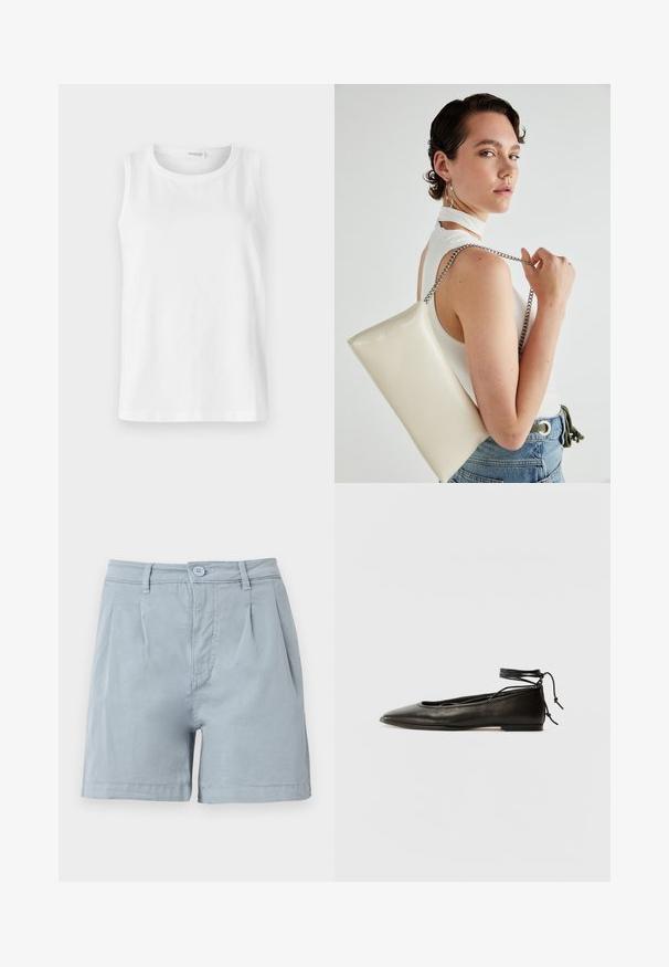 Fehér ujjatlan felső, puha pamutból készült. Kerek nyakkivágással és egyenes szabással rendelkezik. Egyszínű dizájn, látható minták vagy díszítések nélkül.; Világoskék pamut rövidnadrág lapos elülső résszel, redőkkel és gombos záródással. Oldalsó zsebekkel és félcombig érő szegéllyel rendelkezik.; Fekete bőr balettcipők hegyes orral, bokakötővel és lapos talppal, sima textúrával és minimalista dizájnnal.; Fehér, téglalap alakú, fényes anyagból készült clutch táska, ezüst láncos pánttal. A modell pózol, bemutatva a táskát egy egyszínű háttér előtt.