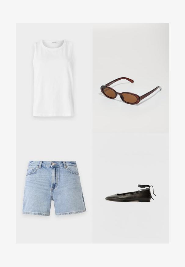Fehér ujjatlan felső, puha pamutból készült. Kerek nyakkivágással és egyenes szabással rendelkezik. Egyszínű dizájn, látható minták vagy díszítések nélkül.; Világoskék farmer rövidnadrág magas derékkal, hagyományos, öt zsebes kialakítással és rojtos szegéllyel. Pamutból készült, elhalványult megjelenéssel.; Fekete bőr balettcipők hegyes orral, bokakötővel és lapos talppal, sima textúrával és minimalista dizájnnal.; Kerek, barna árnyalatú napszemüveg fényes burgundi kerettel. Karcsú karok diszkrét márkázással. Lapos lencse kialakítás.