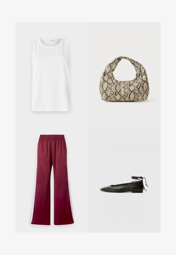 Weißes ärmelloses Top aus weicher Baumwolle. Verfügt über einen runden Ausschnitt und einen geraden Schnitt. Schlichtes Design ohne sichtbare Muster oder Akzente.; Bordeauxfarbene, lässige Hose mit elastischem Bund, die über weiße Seitenstreifen und eine glatte Stoffoberfläche verfügt. Weit geschnittenes Design.; Schwarze Leder-Ballerinas mit spitzem Zehenbereich, Knöchelband und flacher Sohle, die eine glatte Textur und ein minimalistisches Design aufweisen.; Schlangenmuster-Tasche mit einem gebogenen Griff. Hergestellt aus strukturierten, beige- und braunfarbenen Materialien, die ein markantes Diamantmuster aufweisen.
