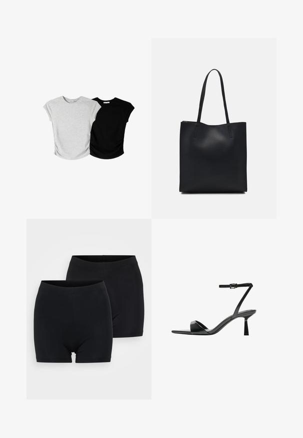 Dve majice s kratkimi rokavi: ena siva z rahlo teksturirano površino in ena črna, obe z stranskim nabiranjem in okroglimi robovi.; Dva para črnih bombažnih kratkih hlač z gladko teksturo, ki imajo preprost, brezšiven pas in zasnovo do sredine stegna.; Bershka Sandali z visoko peto - black; Črna usnjena torba s svilnato teksturo, pravokotne oblike in dvema dolgima ročajema. Brez vidnih metalnih delov ali okrasnih elementov.