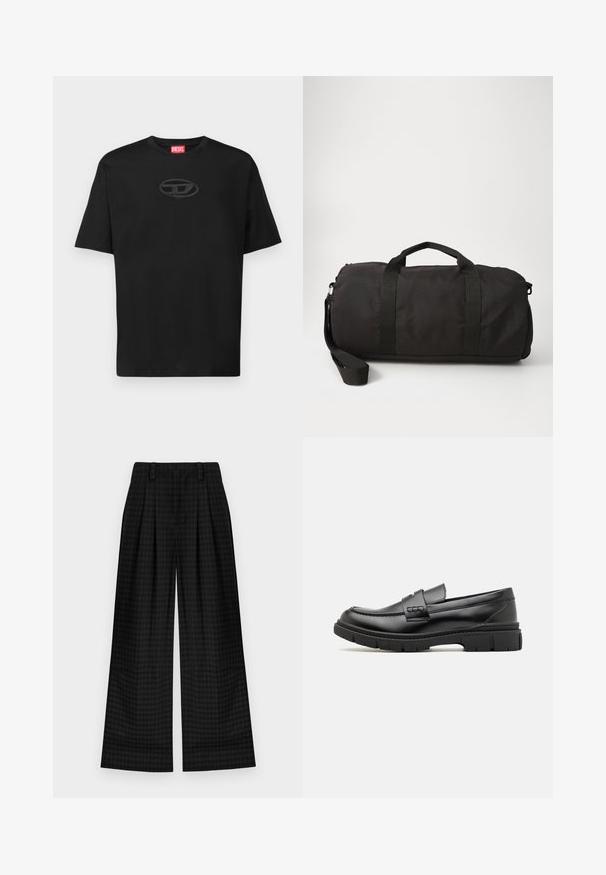 Must must shirt, mille ümmargune kaelus, lühikesed varrukad ja tekstiilne ovaalne logo tumedamas toonis rinna piirkonnas. Punane brändi etikett kaela ääres.; Mustrite ruudulised laiad püksid, millel on pleidid, sujuva tekstuuri ja klassikaline disain. Kerge kangas mugavuseks.; Musthave nahkast suss, millel on lai rihm üle vöö, kummitald paksude mustritega ning sile tekstuur. Klassikaline, elegantne disain.; Must mustekott, mis on valmistatud vastupidavast kangast, kahe ülemise sangaga, eemaldatava õlarihmaga ja sujuva, ümar kuju.