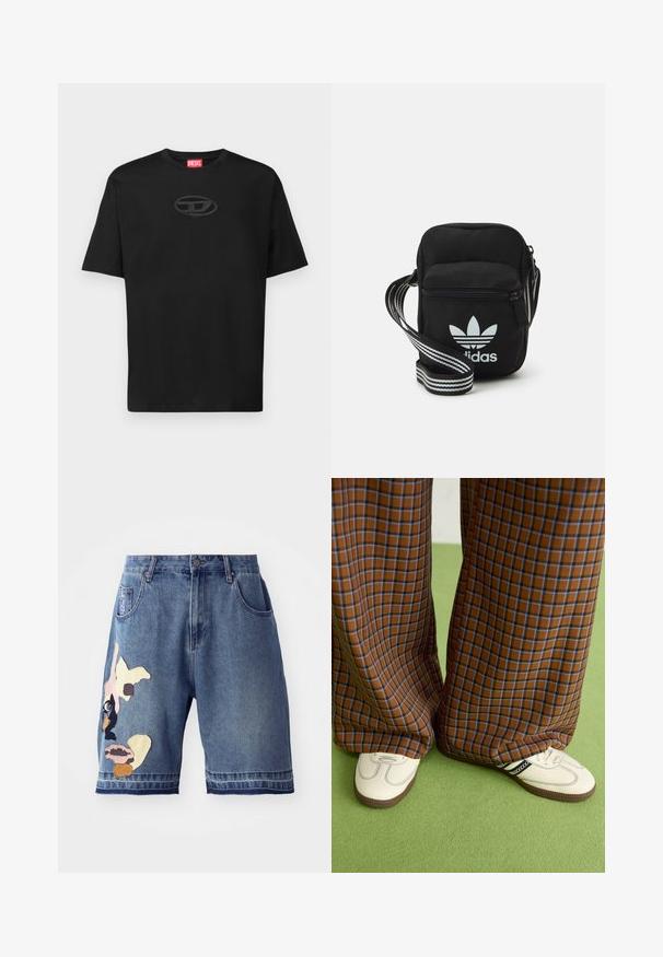 Black cotton t-shirt featuring a round neck, short sleeves, and a textured oval logo in a darker shade at the chest. Red brand label on neckline.; Denim shorts featuring a blue wash, straight cut, with multicolored fabric appliqués and a single front pocket.; Brown and blue plaid wide-leg trousers paired with white shoes featuring black accents and textured soles, set against a green background.; Black fabric crossbody bag with a zipper closure, featuring a white Adidas logo and a striped adjustable strap for easy carrying.