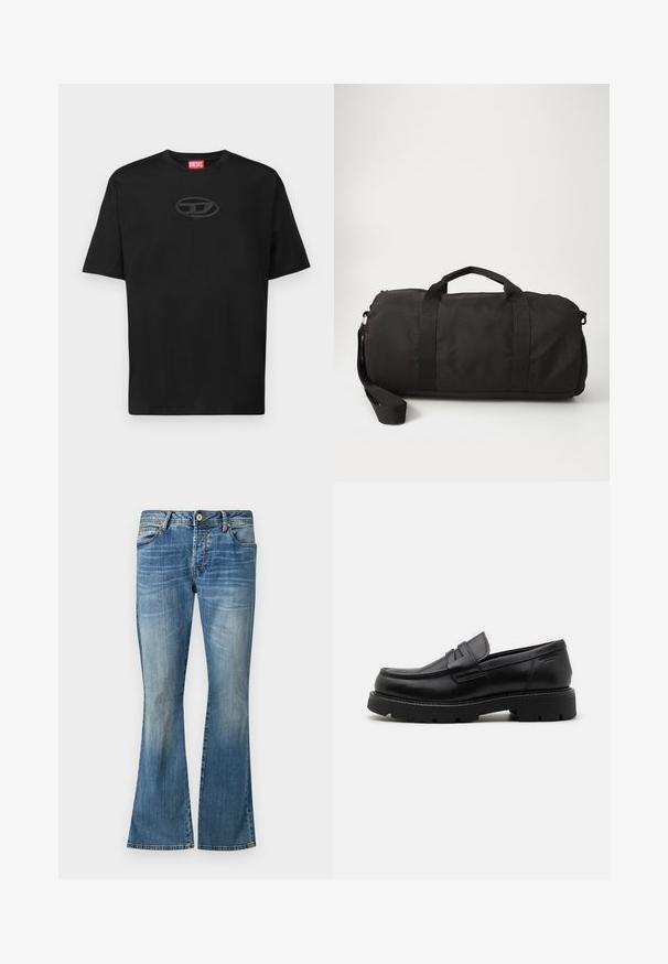 Juodas medvilninis marškinėliai su apvaliu kaklu, trumpomis rankovėmis ir tekstūruotu ovaliu logotipu tamsesniu atspalviu ant krūtinės. Raudonas prekės ženklas ant kaklo.; Mėlyni plataus kirpimo džinsai, pagaminti iš džinsinio audinio su išblukusia apdaila. Turintys penkis diržo kilpelius, sagstymo užsegimą ir klasikinio siuvimo detales.; Juodi odiniai loaferiai su apvaliu priekiniu galiuku, tekstūruotais akcentais priekyje ir masyviu guminėmis padais su grioveliais geresniam sukibimui.; Juodas sportinis krepšys, pagamintas iš patvarios medžiagos, turintis dvi viršutines rankenas, nuimamą peties diržą ir lygią, apvalią formą.