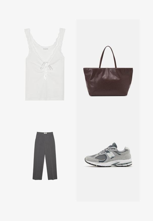 White sleeveless top with scalloped edges, a front tie with satin ribbon, and gathered detailing at the center. Made of soft fabric.; Gray straight-leg trousers made from textured fabric, featuring a mid-rise waist, belt loops, and side pockets. No visible patterns or accents.; Gray sneaker with mesh and suede materials, featuring a white logo, padded collar, and textured rubber sole. Accents in darker gray.; Brown woven leather tote bag with two handles, a structured shape, and a textured surface, featuring a diamond pattern throughout.; Silver rectangular watch with a metallic link bracelet, textured white face, and minimalist hour markers. Brand name "ROSEFIELD" displayed.
