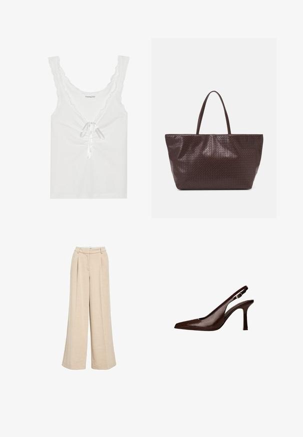 Weißes ärmelloses Oberteil mit gewellten Kanten, einer vorderen Schleife aus Satinband und gerafften Details in der Mitte. Aus weichem Stoff hergestellt.; Hellbeige, weit geschnittene Hosen aus strukturiertem Stoff, mit hoher Taille, vorderen Falten und seitlichen Taschen für zusätzliche Funktionalität.; Braune Leder-Slingback-Pumps mit spitzer Zehenform und dünnem Absatz. Sie verfügen über eine kleine Akzent-Schnalle am Riemen und eine glänzende Oberfläche.; Braune geflochtene Leder-Totetasche mit zwei Griffen, einer strukturierten Form und einer strukturierten Oberfläche, die ein durchgängiges Rautenmuster aufweist.; Braune Satinschnur-Halskette mit roten Perlen, die einen unregelmäßigen roten Stein und eine dunkle Perle enthält, gesichert mit goldfarbenen Beschlägen und einem verstellbaren Verschluss.