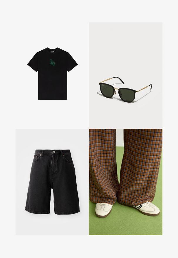 T-shirt in cotone nera con un piccolo logo grafico verde "LA" sul petto. Maniche corte, scollatura tonda, vestibilità regolare e texture liscia.; Shorts in denim nero con vestibilità ampia, dotati di accessori in rame, cinque tasche e orlo dritto. Il tessuto presenta una superficie morbida e testurizzata.; Pantaloni a pieghe larghi a quadri marroni e blu abbinati a scarpe bianche con dettagli neri e suole testurizzate, posizionati su uno sfondo verde.; Occhiali da sole neri a forma di occhio di gatto con lenti verdi, dettagli in metallo dorato e bracci neri sottili. Montatura testurizzata con un audace design geometrico.
