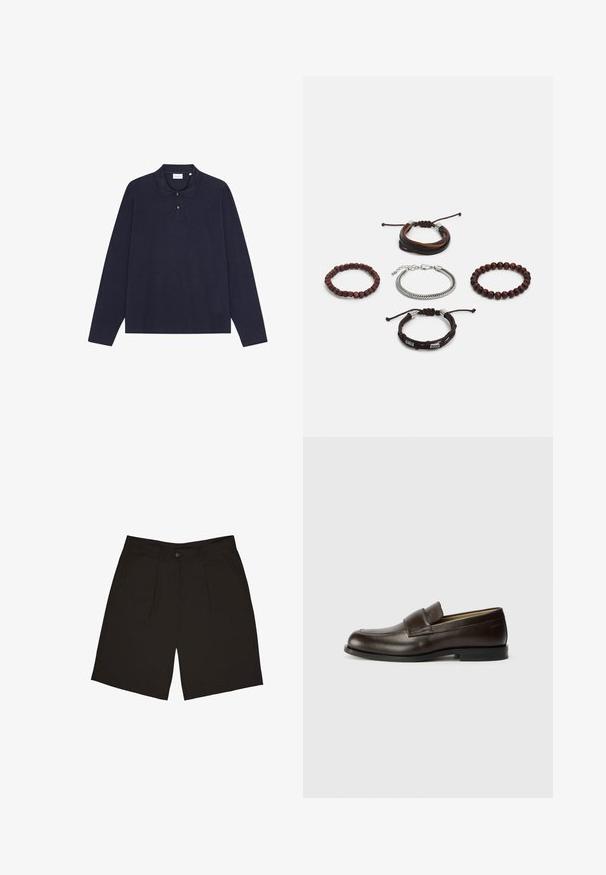 Tricou polo din bumbac de culoare bleumarin, cu mânecă lungă și guler, având închidere cu trei nasturi și o textură simplă. Fără modele sau Accente vizibile.; Shorts negre dintr-un material neted, cu un singur nasture frontal, pliuri și buzunare laterale, concepute pentru o potrivire confortabilă.; Calvin Klein Pantofi slip-on - cocoa brown; Set de cinci brățări cu piele maro, mărgele din lemn și un lanț argintiu; texturi și forme variate, cu închideri ajustabile.