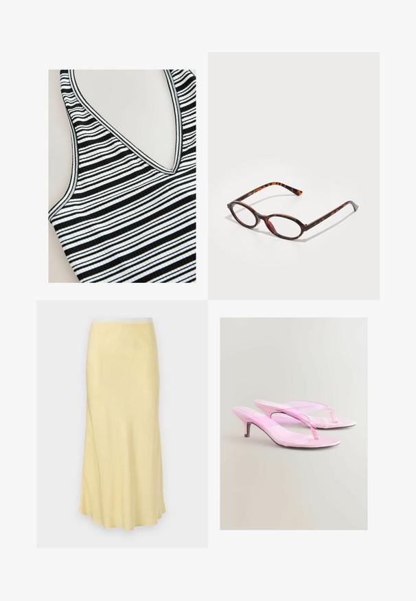 Randig linne med svart och vitt horisontellt mönster, v-ringning, ribbad textur och kontrasterande kanter.; Ljusgul satin midi kjol med en mjuk textur, utsvängd design och elastisk midja, med en subtil lyster genom hela plagget.; Rosa klacksandaler med en glänsande finish, med en toffelremdesign och en smal metallklack. Mjuk textur och minimalistisk stil.; Sköldpaddsmönstrade solglasögon med ovala linser, som har en mörk båge med ljusa och mörka bruna mönster, samt smala, böjda bågar.