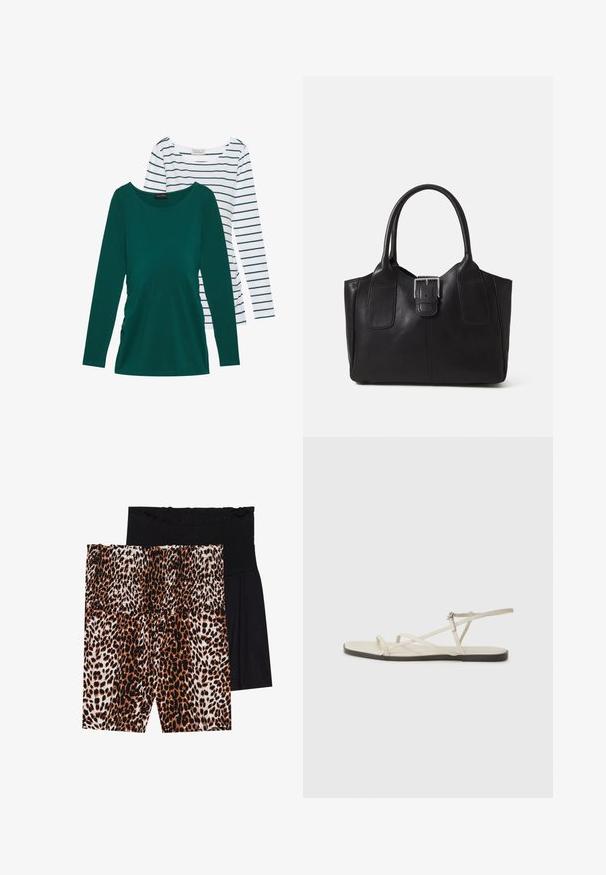 Langermede topper: en ensfarget teal med scoop neckline, og en hvit med grønne horisontale striper og rund hals. Myk bomullsmateriale.; To par med kvinneshorts: en svart med strukturert liv, den andre med et leopardmønster i oransje og svart.; Beige flate sandal med flere slanke stropper og en justerbar spenne. Sålen er flat med en svak mørk kontrast langs kanten.; Svart skinn toteveske med jevn tekstur, strukturert form, to håndtak og en fremtredende sølvspenne foran.