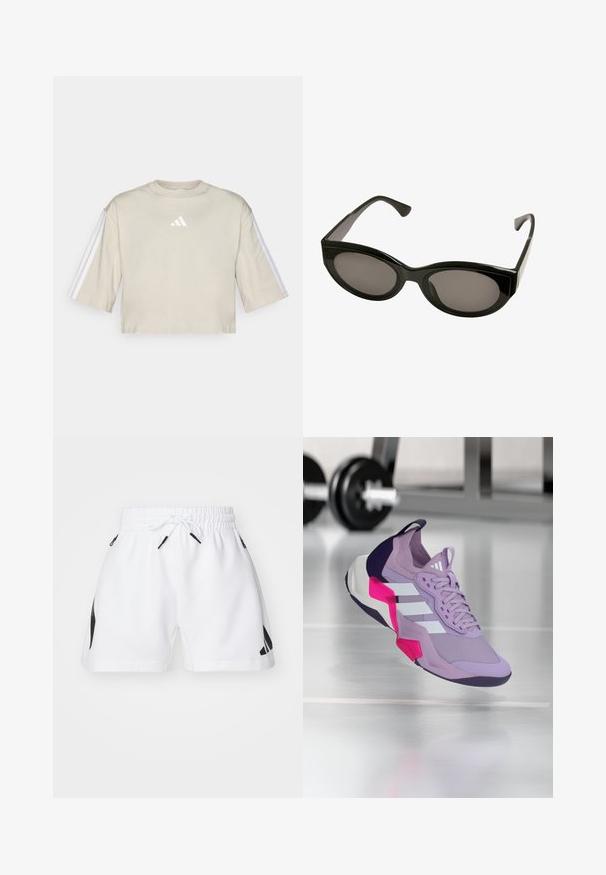 Beige, verkürztes T-Shirt aus weicher Baumwolle. Es hat einen runden Ausschnitt, oversized kurze Ärmel und drei weiße Streifen an beiden Ärmeln.; Weiße Jogging Shorts mit einem elastischen Bund und Kordelzug. Mit schwarzen Logo-Akzenten an den Seiten. Glatte Textur, knielanger Schnitt.; Lila Sportschuh mit Mesh-Obermaterial, weißen Streifen, rosa und schwarzen Akzenten, gepolstertem Kragen und strukturiertem Sohle, entworfen für Leistung.; Schwarze Sonnenbrille mit glänzender Oberfläche, ovalen Gläsern und eckigen Rahmen. Das Design zeichnet sich durch dicke Bügel und eine schlanke Silhouette aus.