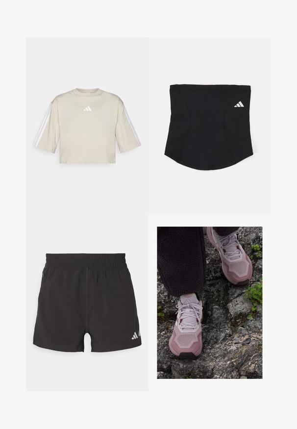 Camiseta beige recortada hecha de algodón suave. Presenta un escote redondo, mangas cortas extragrandes y tres rayas blancas en ambas mangas.; Pantalones cortos deportivos negros de tejido ligero. Cuentan con una cinturilla elástica, un bolsillo lateral con cremallera y un logotipo reflectante en el dobladillo.; Zapatillas deportivas de color morado claro con una parte superior de malla texturizada, puntera reforzada y suela de goma, situadas sobre un terreno rocoso con acentos verdes.; Cinta atlética negra con una textura suave, forma curva y parte superior elástica. Presenta un pequeño logo blanco de Adidas en el costado.