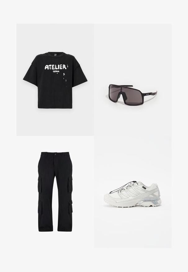 Black cotton t-shirt with oversized fit, short sleeves, crew neck, and white graphic text "ATELIER TERRA" with a paint-like drip detail.; Black cargo pants made of cotton fabric, featuring multiple side pockets, a relaxed fit, and a straight leg design.; White athletic shoe with a textured mesh upper, reflective accents, and a cushioned sole. Features elastic laces and gray detailing.; Black rectangular sunglasses with dark lenses, wide frame, and slender black arms. Features a logo on the temples. Smooth texture.