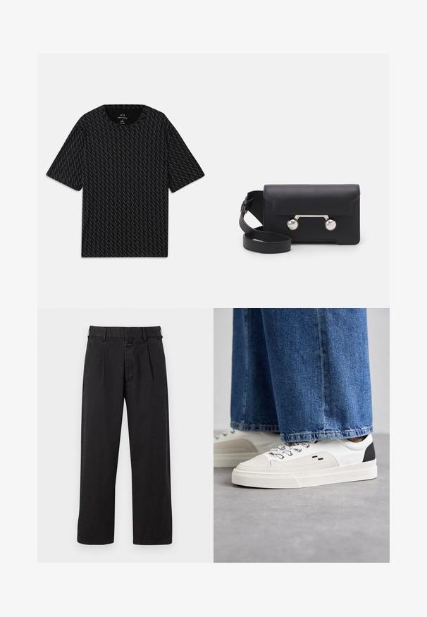 Mustat T-paita, jossa on teksturoitu kuvio, jossa vuorottelevat 'A' -logot, lyhyet hihat ja pyöreä pääntie. Valmistettu kevyestä kankaasta.; Mustat puuvillahousut suoran leikkauksen kanssa, joissa on pleatattu etuosa, vyölenkit ja nappisuljin. Tasainen rakenne ilman kuvioita.; Valkoiset ja mustat tennarit, joissa on sileä nahkapäällinen, tekstuuriakcentit ja paksu valkoinen pohja. Varustettu klassisella nauhakiinnityksellä.; Mustan nahkainen olkalaukku, jossa on läppäkiinnitys, hopeanväriset yksityiskohdat ja kaksi pyöreää koristetta. Varustettu irrotettavalla hihnalla. Sileä pinta.