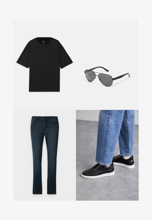 Camiseta negra con un patrón texturizado de logos 'A' alternados, mangas cortas y escote redondo. Fabricada con tejido ligero.; Jeans oscuros ajustados, confeccionados en denim. Cuentan con cierre de botón, cinco bolsillos y costuras sutiles a lo largo de las costuras.; Zapatillas de cuero negras con suelas de goma blancas, con cordones redondos, superficie suave y un discreto logo en el talón. Combinadas con jeans azules.; Gafas de sol estilo aviador negras con lentes oscuros, marco de metal delgado y brazos de plástico esbeltos con acentos de logotipo.