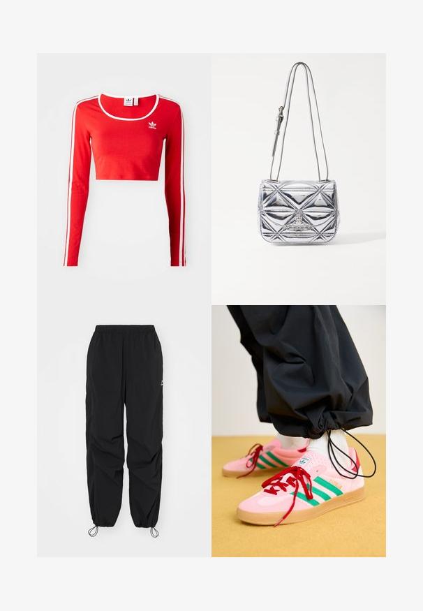 Raudonas ilgomis rankovėmis trumpas viršus, pagamintas iš minkštos medžiagos, su apvaliu iškirpimu, baltais šonų dryžiais ir mažuoju baltu logotipu krūtinėje.; Juodos vėjo nepraleidžiančios kelnės su elastine juosmena, reguliuojamais rankogaliais ir lengvu blizgesiu. Yra logotipas šalia juosmens. Kvėpuojantis audinys.; Rožinės zomšinės kedai su žaliais dryžiais, raudonais raišteliais ir guminiu padu. Dėvimi su juodomis kelnėmis, susiraukšlėjusiomis ties kulkšnimis.; Metalinio sidabro spalvos kryžminė rankinė, turinti geometrinį siuvinėtų raštą, plokščią užsegimą ir reguliuojamą dirželį su sidabro spalvos detalėmis.