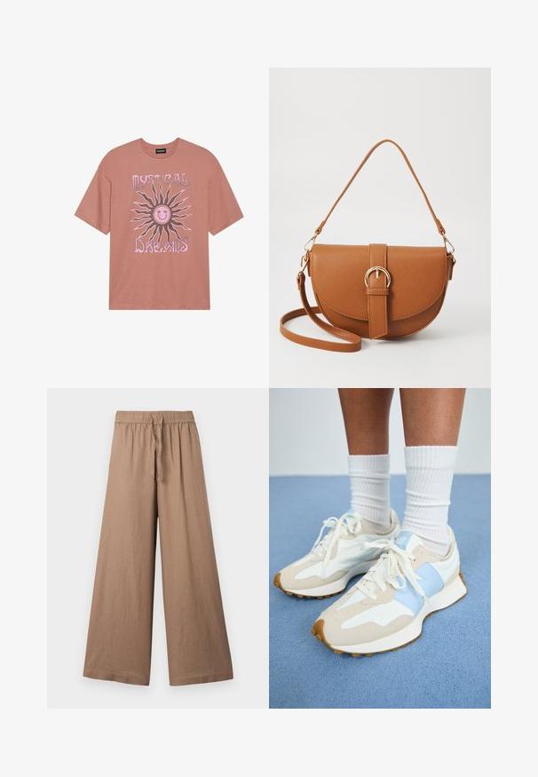 Roze T-shirt van katoen. Voorzien van een grote afbeelding van een zon met een glimlachend gezicht en de tekst "MYSTICAL DREAMS" in het roze.; Wijd gesneden broeken van lichtbruin stof, met een elastische tailleband en een trekkoord, en een gladde, gestructureerde afwerking.; Lichte sneakers met een beige en lichtblauw ontwerp. Bevatten suède en mesh materialen, witte veters en een gestructureerde gumrubberen zool.; Bruine leren schoudertas met een gebogen vorm, gouden hardware en een gespaccent. Bevat een afneembare schouderriem.