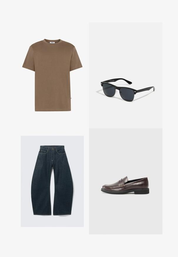 Minimum AARHUS - Tricou basic - 1815 shitake; Blugi largi, de culoare albastru închis, confecționați din denim, cu cinci buzunare, cusături vizibile, închidere cu nasture și un finisaj curat.; Loafers din piele maro cu un finisaj neted, având un detaliu cusut discret pe partea superioară și o talpă din cauciuc negru.; Ochelari de soare negri cu o formă rectangulară, lentile întunecate, accente argintii la tâmple și un finisaj mat pe cadru.; Set de cinci brățări cu piele maro, mărgele din lemn și un lanț argintiu; texturi și forme variate, cu închideri ajustabile.; Set de cinci brățări cu piele maro, mărgele din lemn și un lanț argintiu; texturi și forme variate, cu închideri ajustabile.