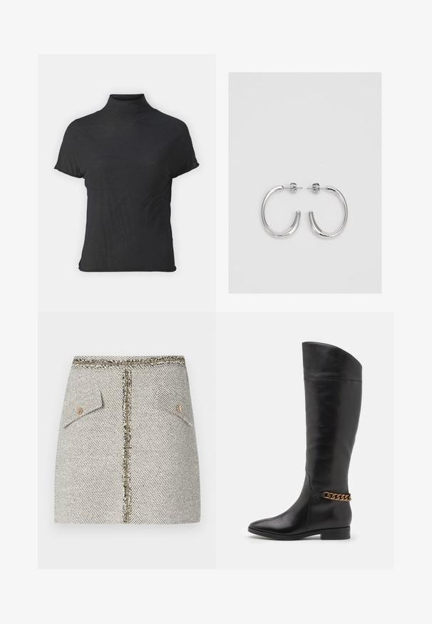 Black short-sleeve turtleneck top made of lightweight fabric with a smooth texture and a fitted shape, featuring a high neckline.; Woven tweed skirt in white and black herringbone pattern, features two front pockets and a gold-tone zipper at the back with frayed edges.; Tall black leather boots with a sleek design, pointed toe, and a gold chain accent at the ankle. Low block heel. Smooth texture.; Silver hoop earrings with a smooth, shiny surface, featuring a curved shape and post-back closure. Minimalist design with a modern finish.