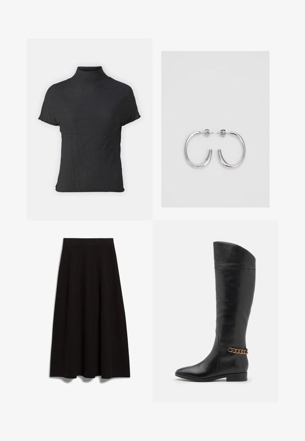 Black short-sleeve turtleneck top made of lightweight fabric with a smooth texture and a fitted shape, featuring a high neckline.; Black knee-length skirt made of smooth fabric with a fitted waist and a flared A-line shape, featuring a clean design and no visible embellishments.; Tall black leather boots with a sleek design, pointed toe, and a gold chain accent at the ankle. Low block heel. Smooth texture.; Silver hoop earrings with a smooth, shiny surface, featuring a curved shape and post-back closure. Minimalist design with a modern finish.