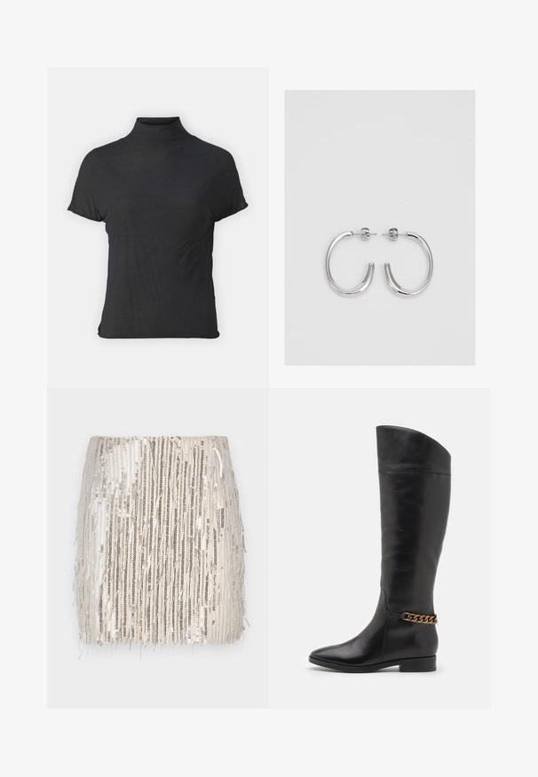 Top negru cu mânecă scurtă, tip turtleneck, realizat dintr-un material ușor, cu o textură fină și o formă ajustată, având un gât înalt.; Fustă scurtă din paiete în bej, cu linii verticale negre și argintii. Prezintă detalii cu franjuri la tiv pentru un plus de textură și mișcare.; Cizme negre din piele înalte, cu un design elegant, vârf ascuțit și un accent de lanț auriu la gleznă. Toc mic în formă de bloc. Textură netedă.; Cercei rotunzi din argint cu un finisaj neted și strălucitor. Design ușor, având o formă rotundă și închidere cu tijă.