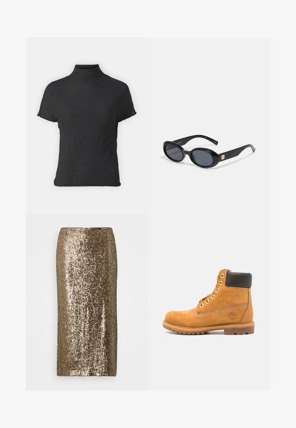 Svart t-skjorte med høy hals og korte ermer, laget av lett stoff med en glatt tekstur og en tettsittende passform, med en høy utringning.; Gullfarget paljett blyantskjørt med rett fasong, teksturert overflate og baklomme lukking. Reflekterende paljetter dekker hele stoffet.; Brune skinn ankelstøvlett med svart polstring, gulløyelter og en teksturert såle. Har et rundt logo på siden og sømdetaljer.; Sorte ovale solbriller med mørke linser, blank plastisk ramme, brede stenger og et lite gullakcent på den ene siden.