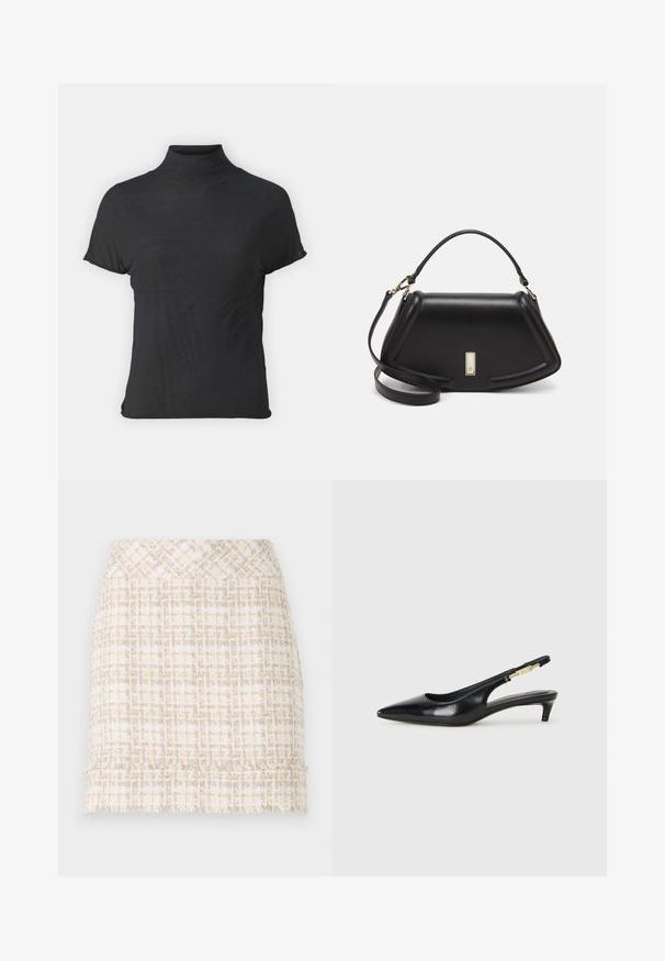 Zwarte korte mouwen coltrui gemaakt van lichtgewicht stof met een gladde textuur en een getailleerde pasvorm, met een hoge halslijn.; Geweven tweed rok in crème en beige met een gestructureerde afwerking, voorzien van een recht model en een rafelrand voor extra detail.; Zwarte leren slingback hakken met een spitse neus, voorzien van een slanke hak en een goudkleurige accent op de verstelbare band. Gladde textuur.; Zwarte leren handtas met een gestructureerd ontwerp, featuring een verkorte vorm, bovenhandvat en gouden hardwareaccent. Inclusief verstelbare schouderband.