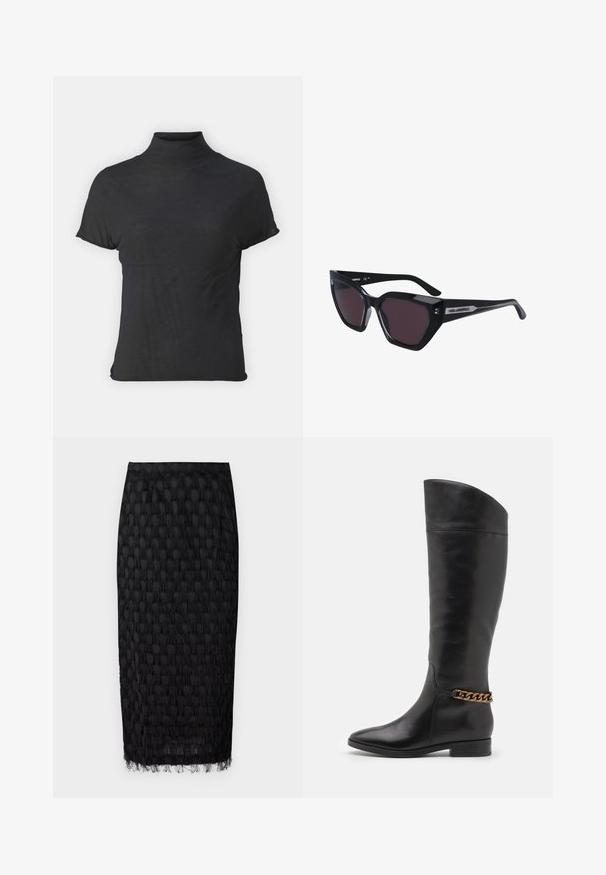 Schwarzes, kurzärmliges Turtleneck-Oberteil aus leichtem Stoff mit glatter Textur und figurbetonter Passform, ausgestattet mit einem hohen Kragen.; Schwarzer Midirock mit texturiertem Muster und Fransenverzierung am Saum. Aus leichtem Stoff gefertigt, hat er eine enganliegende Silhouette.; Hohe schwarze Lederstiefel mit elegantem Design, spitzer Zehe und einem goldenen Kettenakzent am Knöchel. Tiefer Blockabsatz. Glatte Textur.; Schwarze Sonnenbrille im Cat-Eye-Design mit dunklen Gläsern, glänzender Oberfläche und subtilen Logoakzenten an den Bügeln.