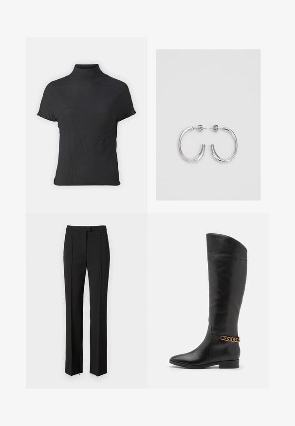 Top negru cu mânecă scurtă, tip turtleneck, realizat dintr-un material ușor, cu o textură fină și o formă ajustată, având un gât înalt.; Pantaloni negri cu un design ajustat, având un front plat, buzunare cu fermoar și o croială dreaptă. Confecționați dintr-un material neted.; Cizme negre din piele înalte, cu un design elegant, vârf ascuțit și un accent de lanț auriu la gleznă. Toc mic în formă de bloc. Textură netedă.; Cercei rotunzi din argint cu un finisaj neted și strălucitor. Design ușor, având o formă rotundă și închidere cu tijă.