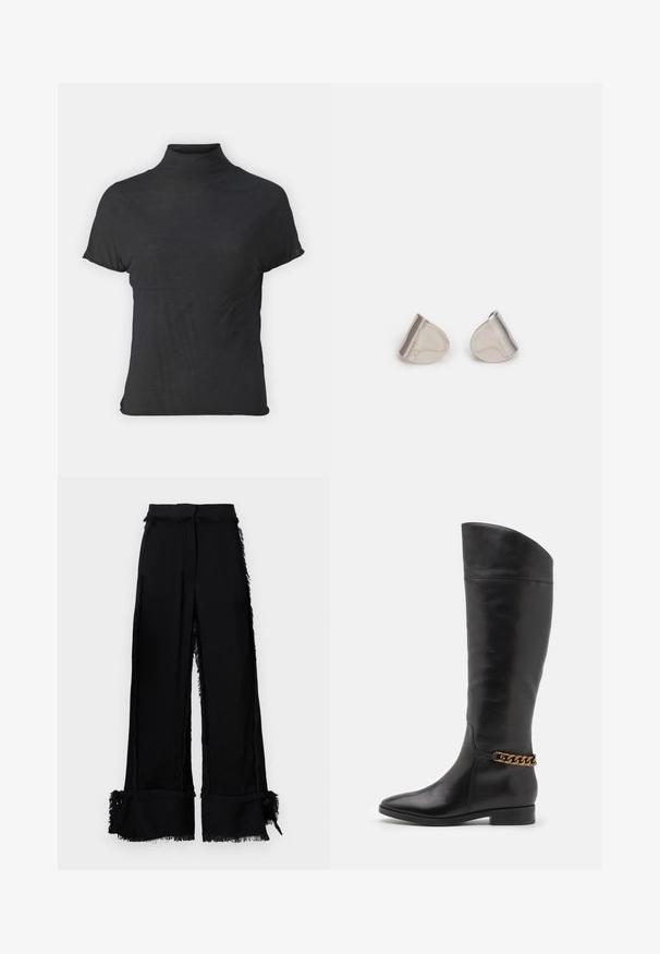 Schwarzes, kurzärmliges Turtleneck-Oberteil aus leichtem Stoff mit glatter Textur und figurbetonter Passform, ausgestattet mit einem hohen Kragen.; Schwarze, weite Hosen mit fransigen Kanten, strukturierter Oberfläche, seitlichen Schlitzen und dekorativen Knöpfen am Saum. Taillierter Bund.; Hohe schwarze Lederstiefel mit elegantem Design, spitzer Zehe und einem goldenen Kettenakzent am Knöchel. Tiefer Blockabsatz. Glatte Textur.; Silberne Metalohrringe mit einer glatten, tröpfchenförmigen Form und einer polierten Oberfläche. Subtile Gravuren fügen Details hinzu. Minimalistisches Design.