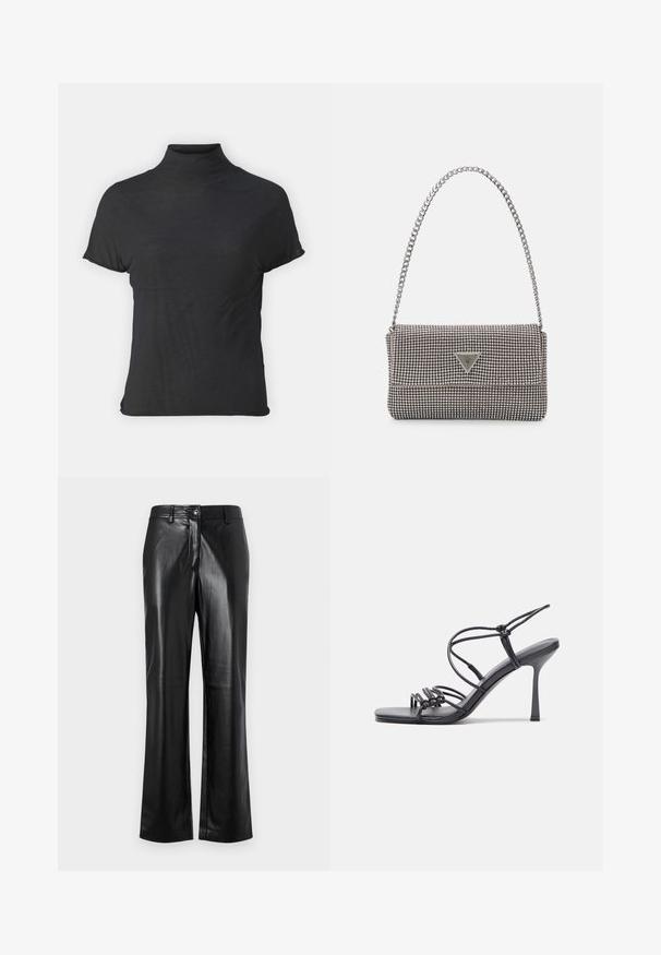 Black short-sleeve turtleneck top made of lightweight fabric with a smooth texture and a fitted shape, featuring a high neckline.; Black leather pants with a straight leg design, featuring a front button closure, belt loops, and a smooth, polished texture.; Black high-heeled sandals feature thin straps with a knotted design, a smooth square toe, and a sleek stiletto heel.; Light gray metallic handbag featuring a chain strap, embellished with small circular metallic studs and a triangular brand logo.; Silver hoop earrings with a smooth, shiny surface, featuring a curved shape and post-back closure. Minimalist design with a modern finish.