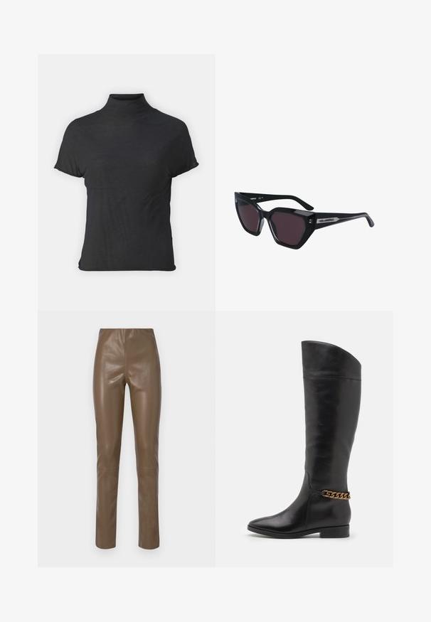 Zwarte korte mouwen coltrui gemaakt van lichtgewicht stof met een gladde textuur en een getailleerde pasvorm, met een hoge halslijn.; Brown faux leather broek met een gladde, glanzende textuur. Heeft een hoge taille en rechtlijnige pijpen, met minimale stikdetails.; Hoge zwarte leren laarzen met een slank ontwerp, spitse neus en een gouden kettingaccent bij de enkel. Lage blokhak. Glad textuur.; Zwarte zonnebril met een kattenoogontwerp, voorzien van donkere lenzen, een glanzende afwerking en subtiele logo-accenten op de pootjes.