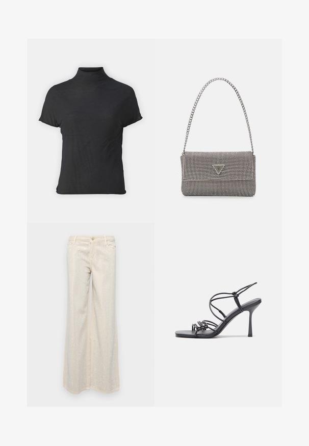 Black short-sleeve turtleneck top made of lightweight fabric with a smooth texture and a fitted shape, featuring a high neckline.; Beige wide-leg pants with a smooth texture featuring metallic silver sequins arranged in a pattern across the front and back.; Black high-heeled sandals feature thin straps with a knotted design, a smooth square toe, and a sleek stiletto heel.; Light gray metallic handbag featuring a chain strap, embellished with small circular metallic studs and a triangular brand logo.; Silver hoop earrings with a smooth, shiny surface, featuring a curved shape and post-back closure. Minimalist design with a modern finish.