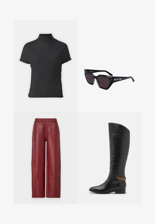 Schwarzes, kurzärmliges Turtleneck-Oberteil aus leichtem Stoff mit glatter Textur und figurbetonter Passform, ausgestattet mit einem hohen Kragen.; Rote Leder-Hose mit weitem Bein, elastischem Bund und glatter Textur. Mit sichtbaren Nähten und einer lockeren Passform.; Hohe schwarze Lederstiefel mit elegantem Design, spitzer Zehe und einem goldenen Kettenakzent am Knöchel. Tiefer Blockabsatz. Glatte Textur.; Schwarze Sonnenbrille im Cat-Eye-Design mit dunklen Gläsern, glänzender Oberfläche und subtilen Logoakzenten an den Bügeln.