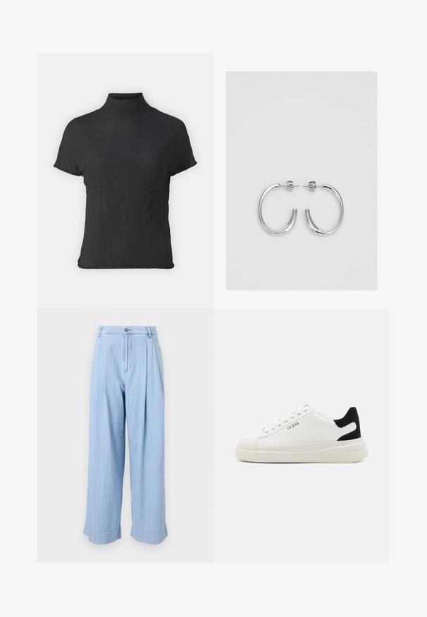 Juodas trumpas rankovėmis pull-over tipo megztinis, pagamintas iš lengvos medžiagos su lygiu paviršiumi ir prigludusia forma, turintis aukštą apykaklę.; Šviesiai mėlynos džinsinės kelnės su vertikaliomis baltomis juostelėmis, raukšlėta priekyje, plačiomis kojomis ir užlenktais kraštais. Įprastas džinsų mygtukas ir užtrauktukas.; Baltos odinės sportbačiai su storu baltu padu, juodu nubuko kulno akcentu ir iškilmingu logotipu šone. Su raišteliais, turinčiais šešis akinius.; Sidabrinės auskarai žiedai su lygiu, blizgiu paviršiumi. Suapvalinta forma, lengvas dizainas, su uždarymu ant smeigtuko.