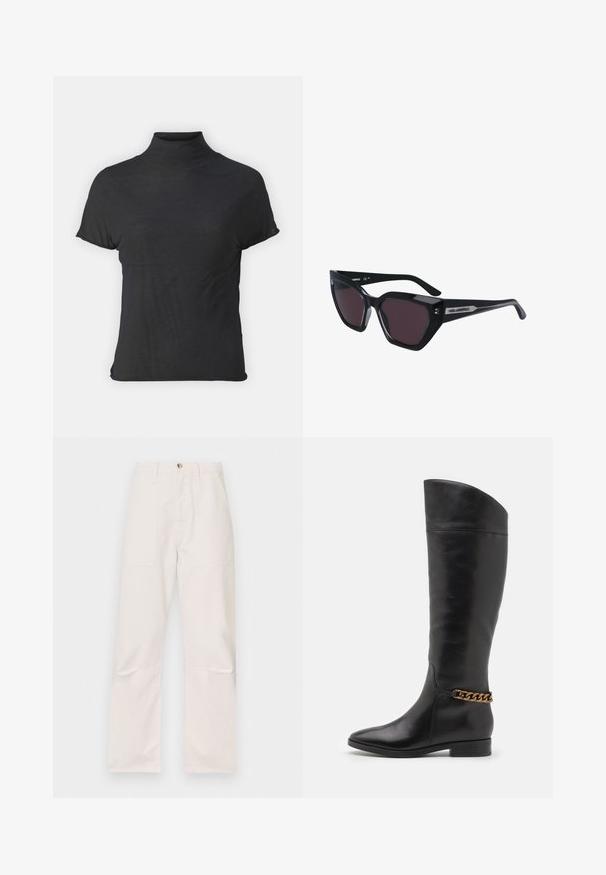 Top nero a maniche corte e colletto alto, realizzato in tessuto leggero con una superficie liscia e dalla forma aderente, caratterizzato da un collo alto.; Pantaloni bianchi a vita alta realizzati in un tessuto morbido, con due tasche frontali, design a gamba dritta e chiusura con un singolo bottone anteriore.; Alti stivali in pelle nera dal design elegante, punta affusolata e dettagli in catena dorata alla caviglia. Tacco a blocco basso. Texture liscia.; Occhiali da sole neri con design a occhio di gatto, dotati di lenti scure, finitura lucida e sottili accenti del logo sulle asticelle.